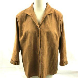 Napa Valley Womens Light Suedelike Blouse Top Large Camel Brown Ruffled Cuffs